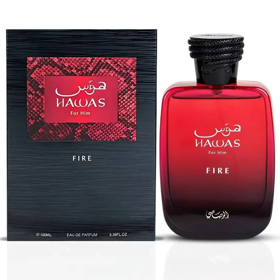 Hawas Fire perfume bottle and packaging on a white background