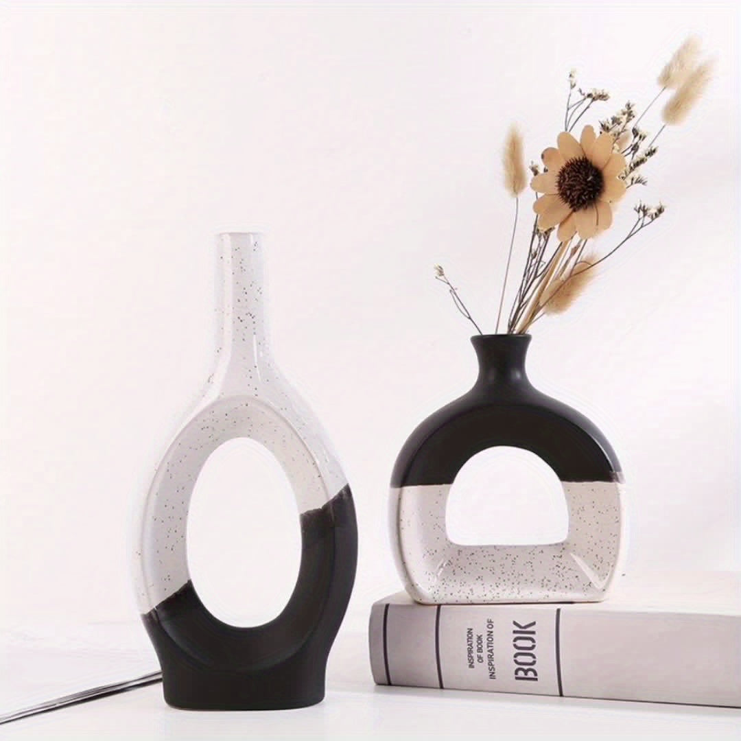 Nordic Ceramic Flower Vase | Geometric Herringbone Design | Black & White