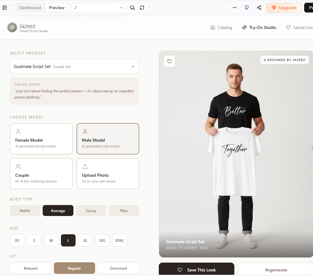 Virtual Try-On Studio showing male model wearing Soulmate Script Set clothing