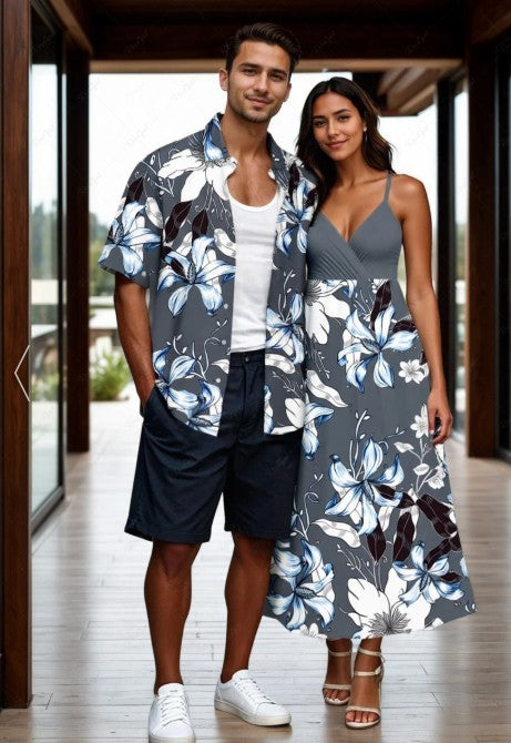 Couple in matching grey casual coordinated outfits expressing togetherness and connection