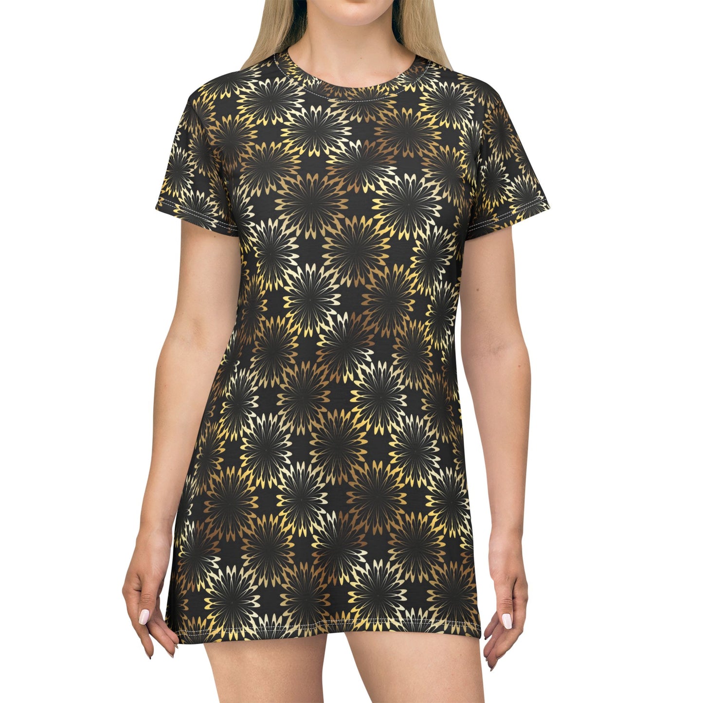 Starburst Mosaic T‑Shirt Dress — Black & Gold All‑Over Print