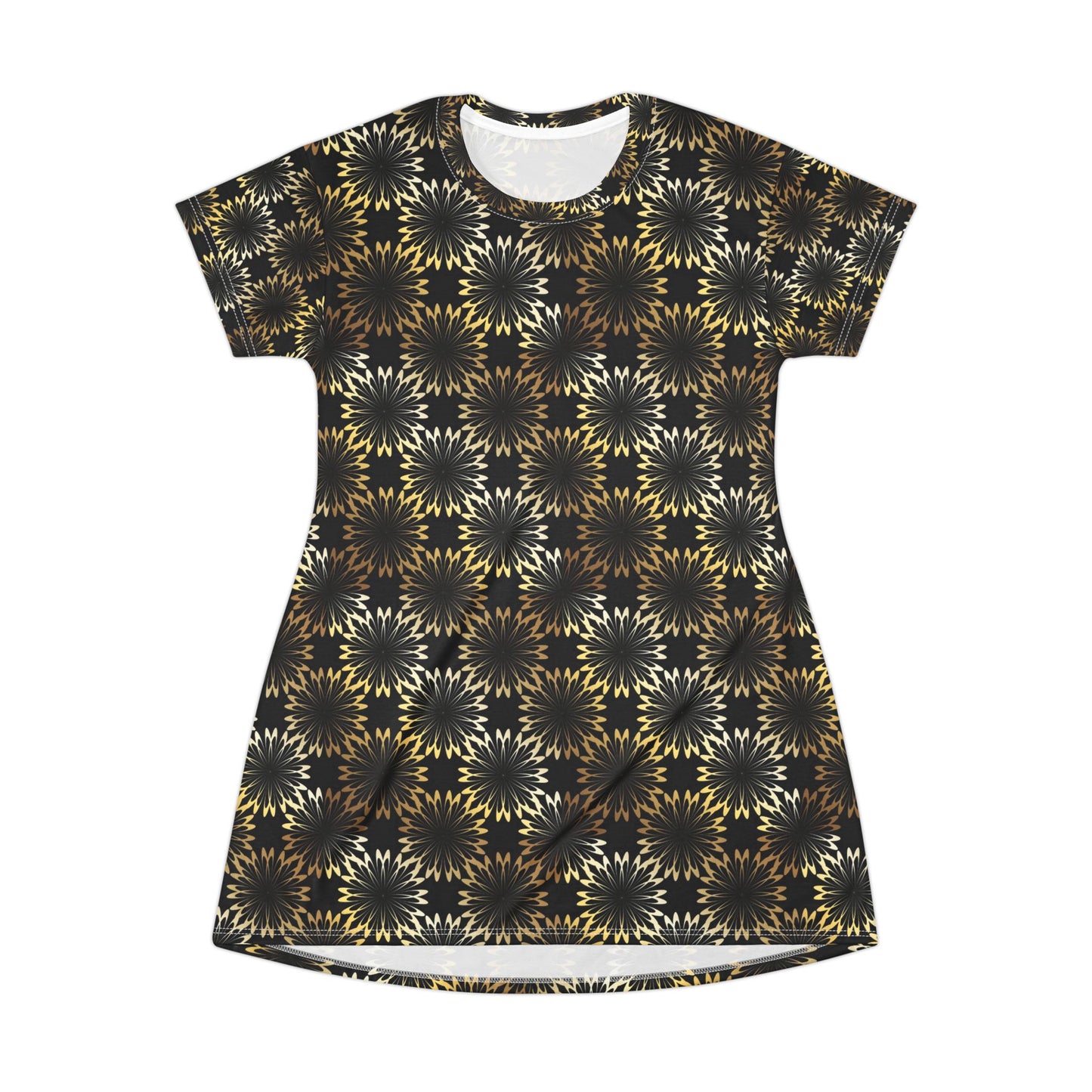 Starburst Mosaic T‑Shirt Dress — Black & Gold All‑Over Print