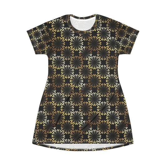 Starburst Mosaic T‑Shirt Dress — Black & Gold All‑Over Print