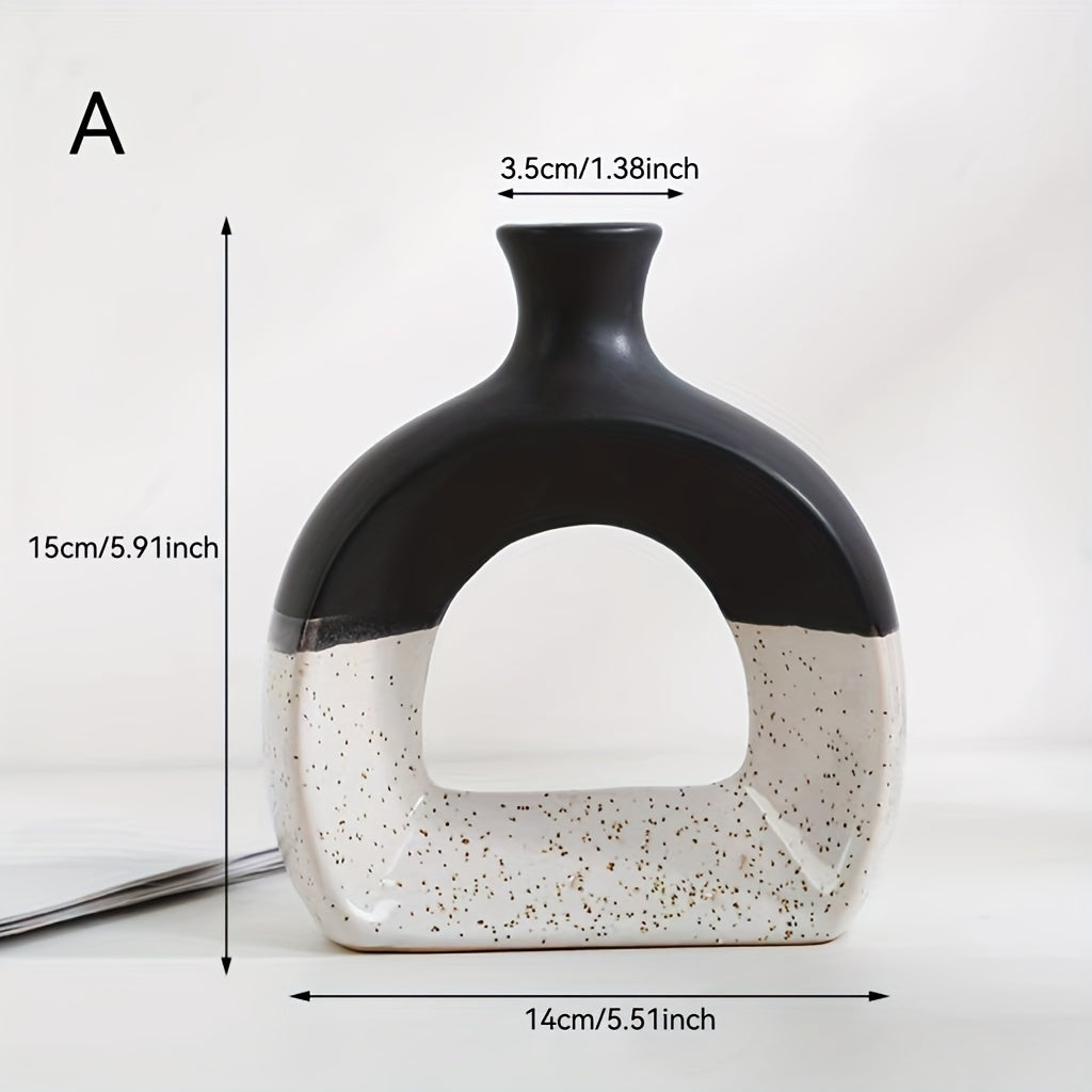 Nordic Ceramic Flower Vase | Geometric Herringbone Design | Black & White