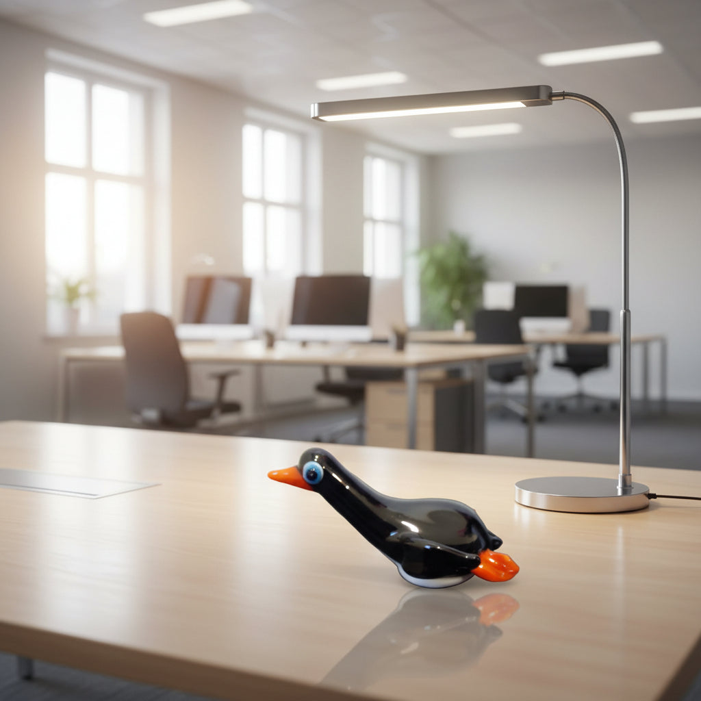 Glass penguin figurine with orange beak and feet on a white surface