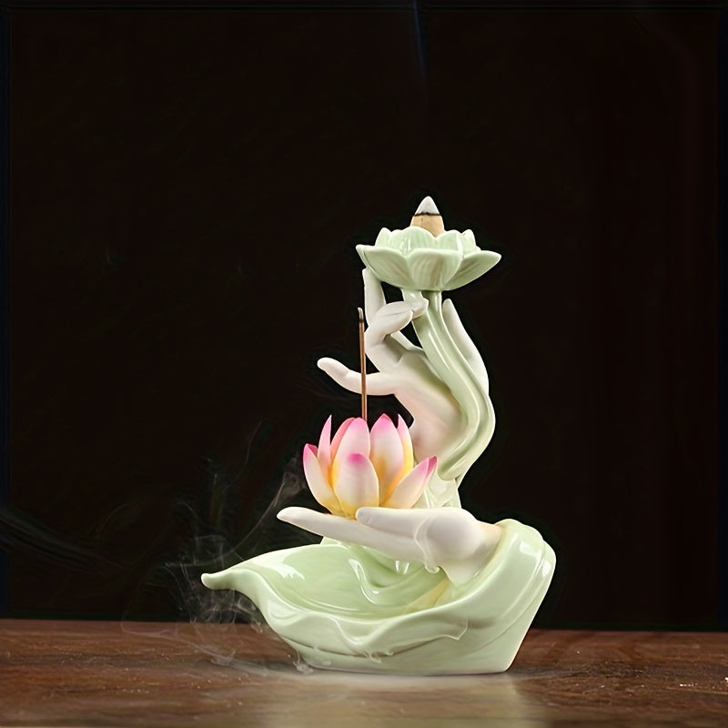 Lotus Waterfall Incense Holder - Celadon Ceramic Backflow Burner for Meditation & Relaxation