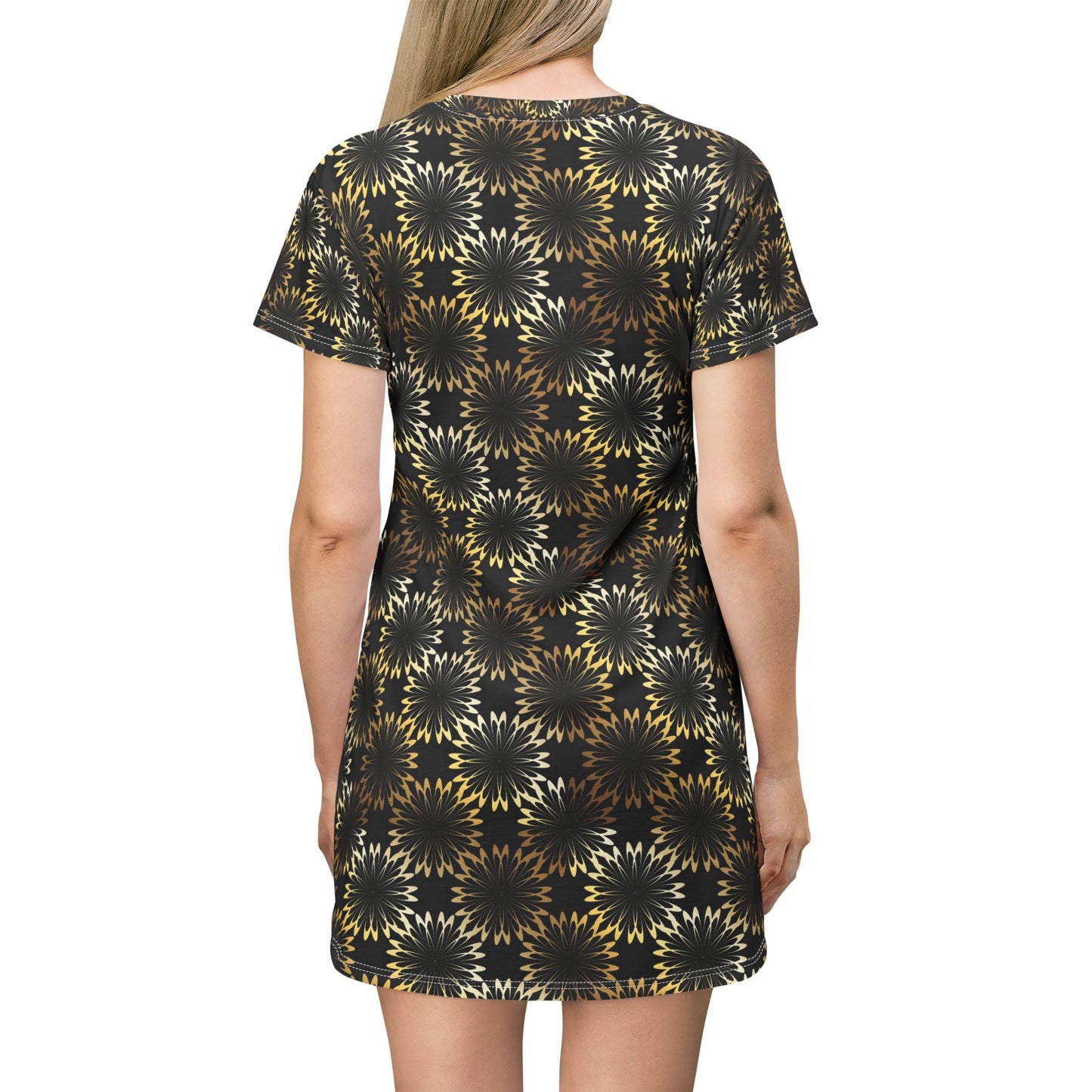 Starburst Mosaic T‑Shirt Dress — Black & Gold All‑Over Print
