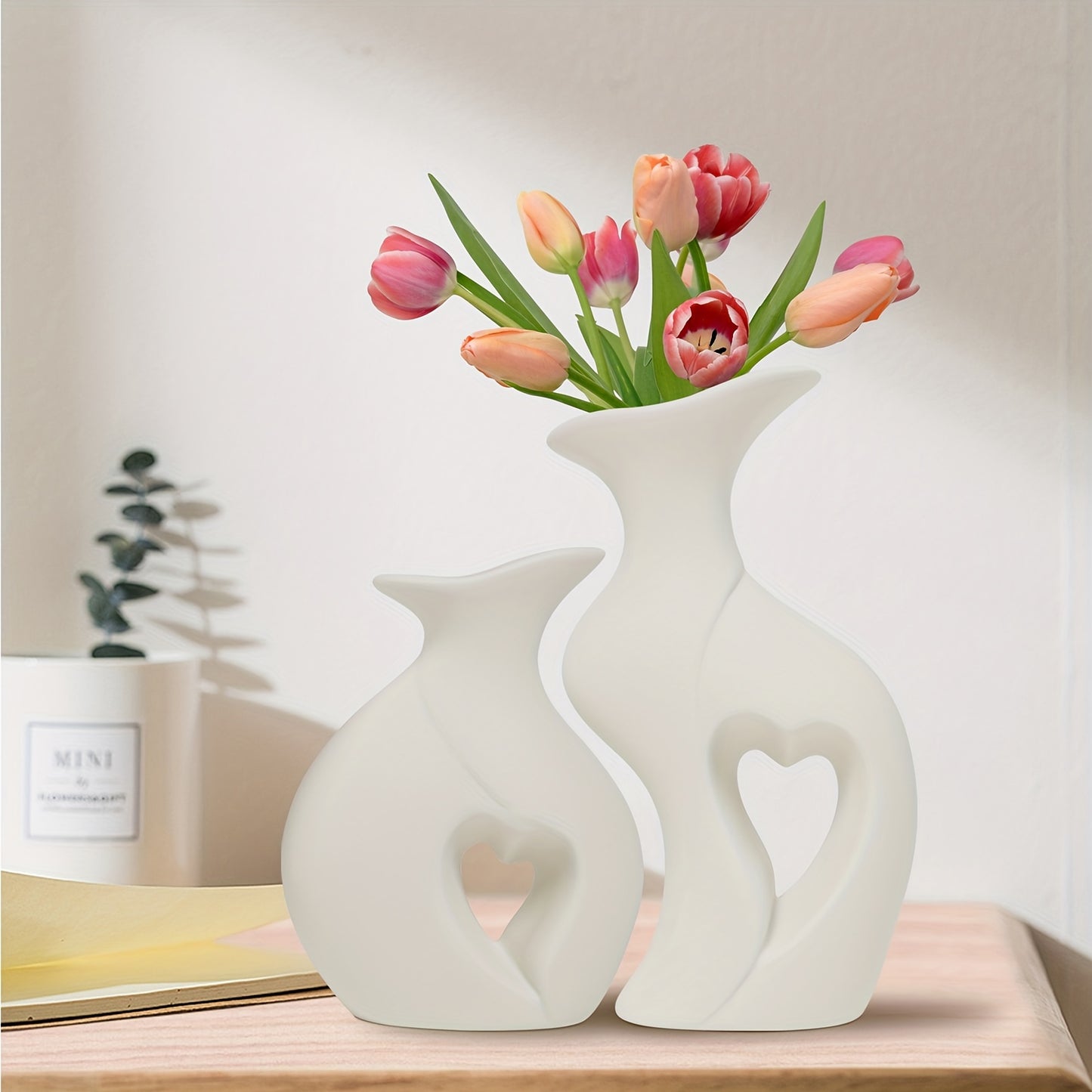 Heart-Shaped Ceramic Vase Set of 2 | Modern Home Decor | White, Black & Cream NZ