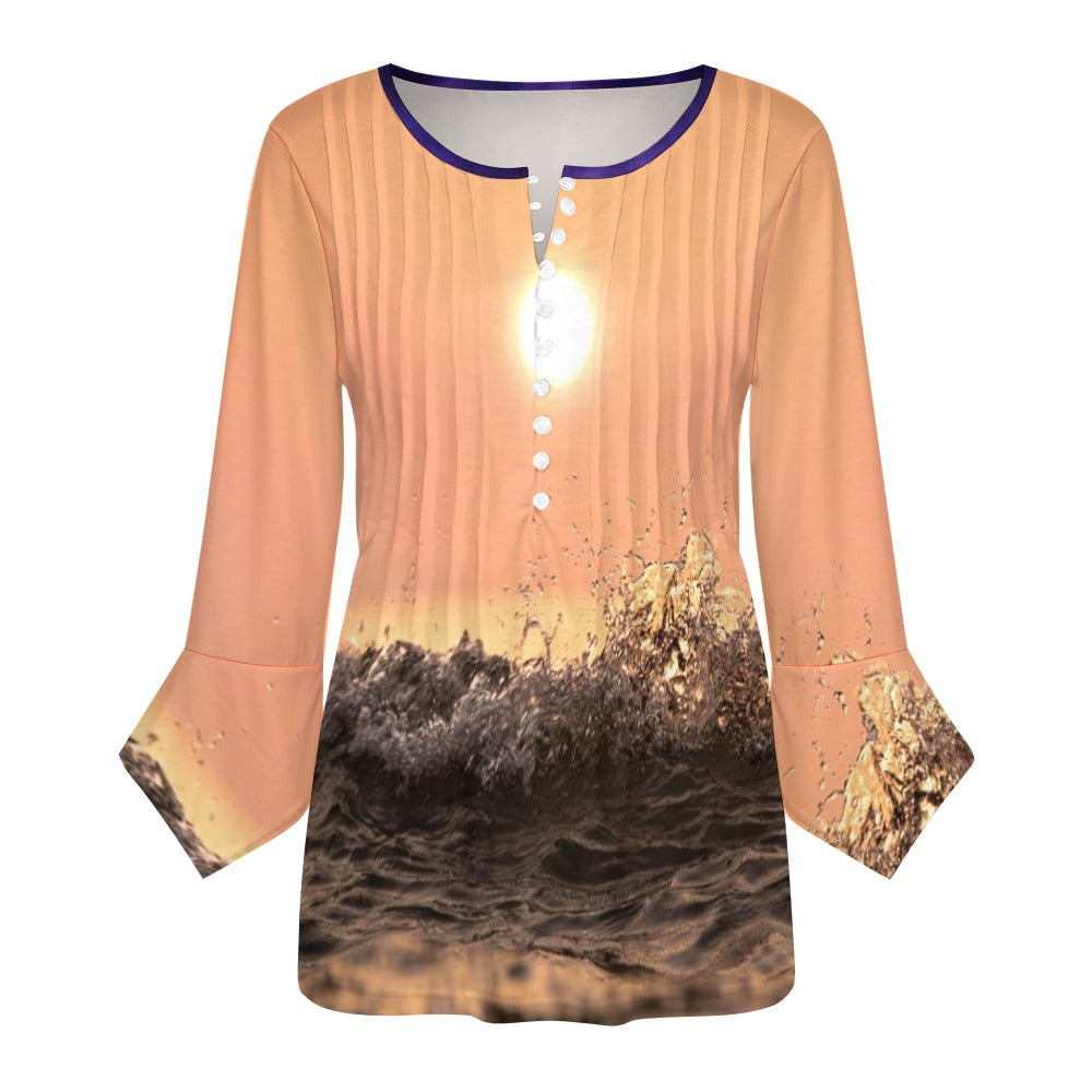 Women's Ruffled Petal Sleeve Top | Button-Front V-Neck | White | S–5XL NZ