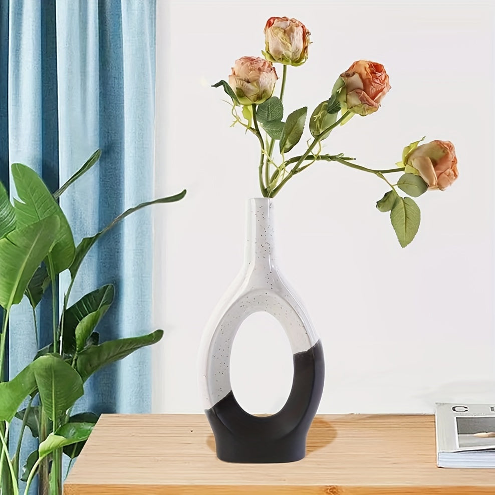 Nordic Ceramic Flower Vase | Geometric Herringbone Design | Black & White