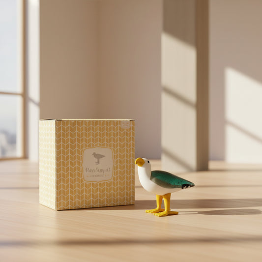 Decorative goose figure with a patterned box on a white background