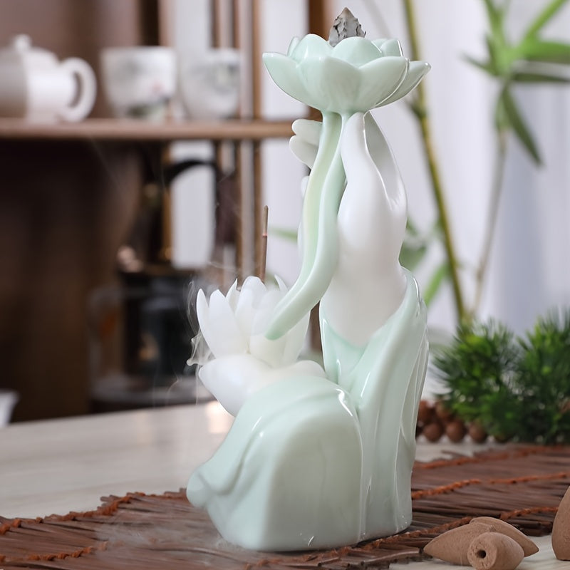 Lotus Waterfall Incense Holder - Celadon Ceramic Backflow Burner for Meditation & Relaxation