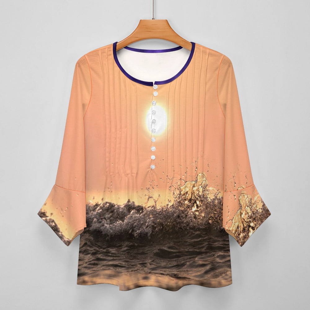 Women's Ruffled Petal Sleeve Top | Button-Front V-Neck | White | S–5XL NZ