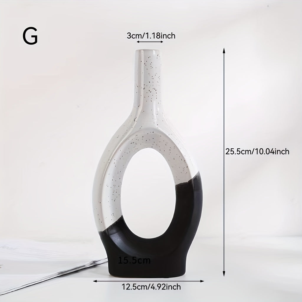 Nordic Ceramic Flower Vase | Geometric Herringbone Design | Black & White