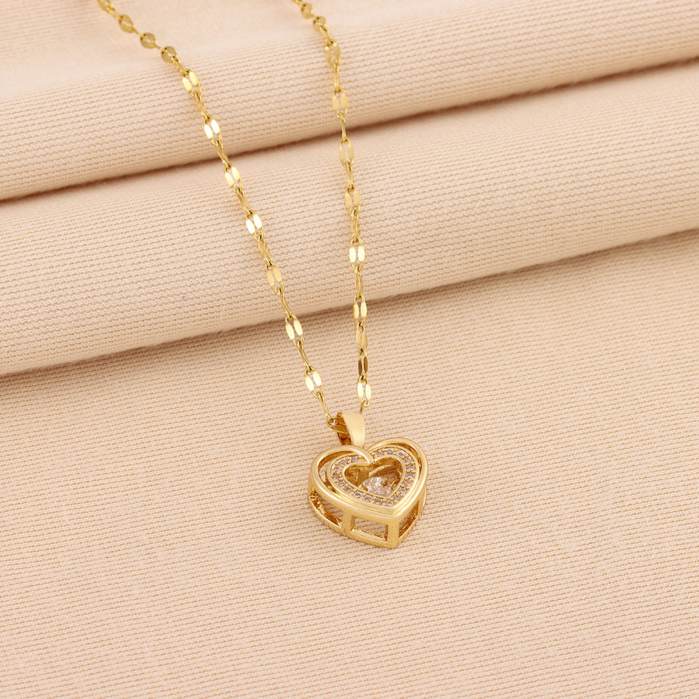 Double-Layer Heart Love Necklace – Rhinestone Titanium Steel Pendant | Valentine's Gift for Her