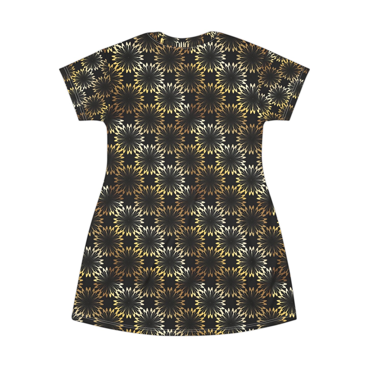 Starburst Mosaic T‑Shirt Dress — Black & Gold All‑Over Print