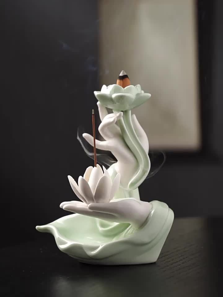 Lotus Waterfall Incense Holder - Celadon Ceramic Backflow Burner for Meditation & Relaxation