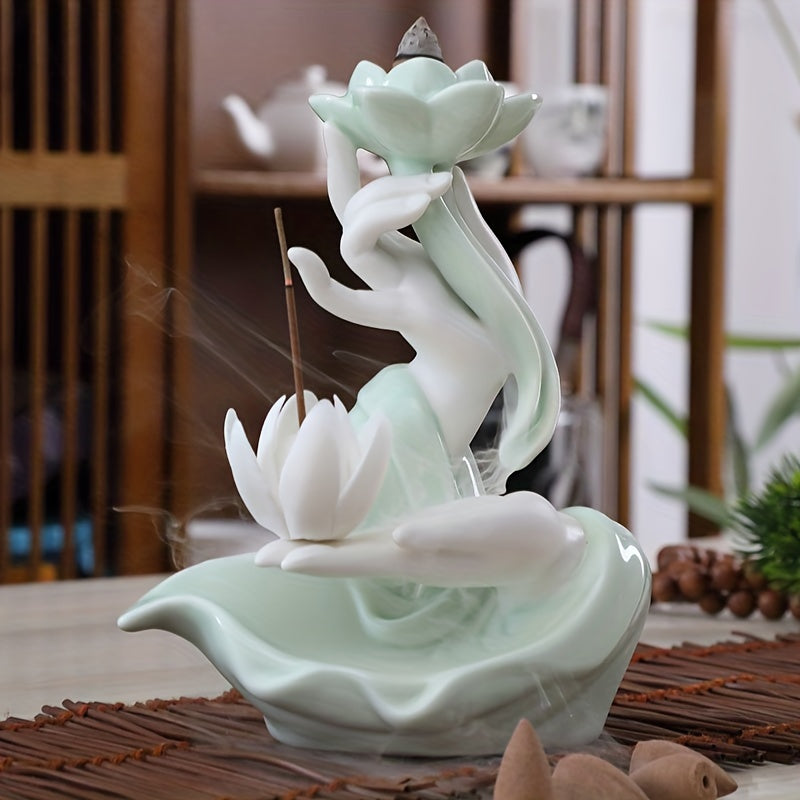 Lotus Waterfall Incense Holder - Celadon Ceramic Backflow Burner for Meditation & Relaxation