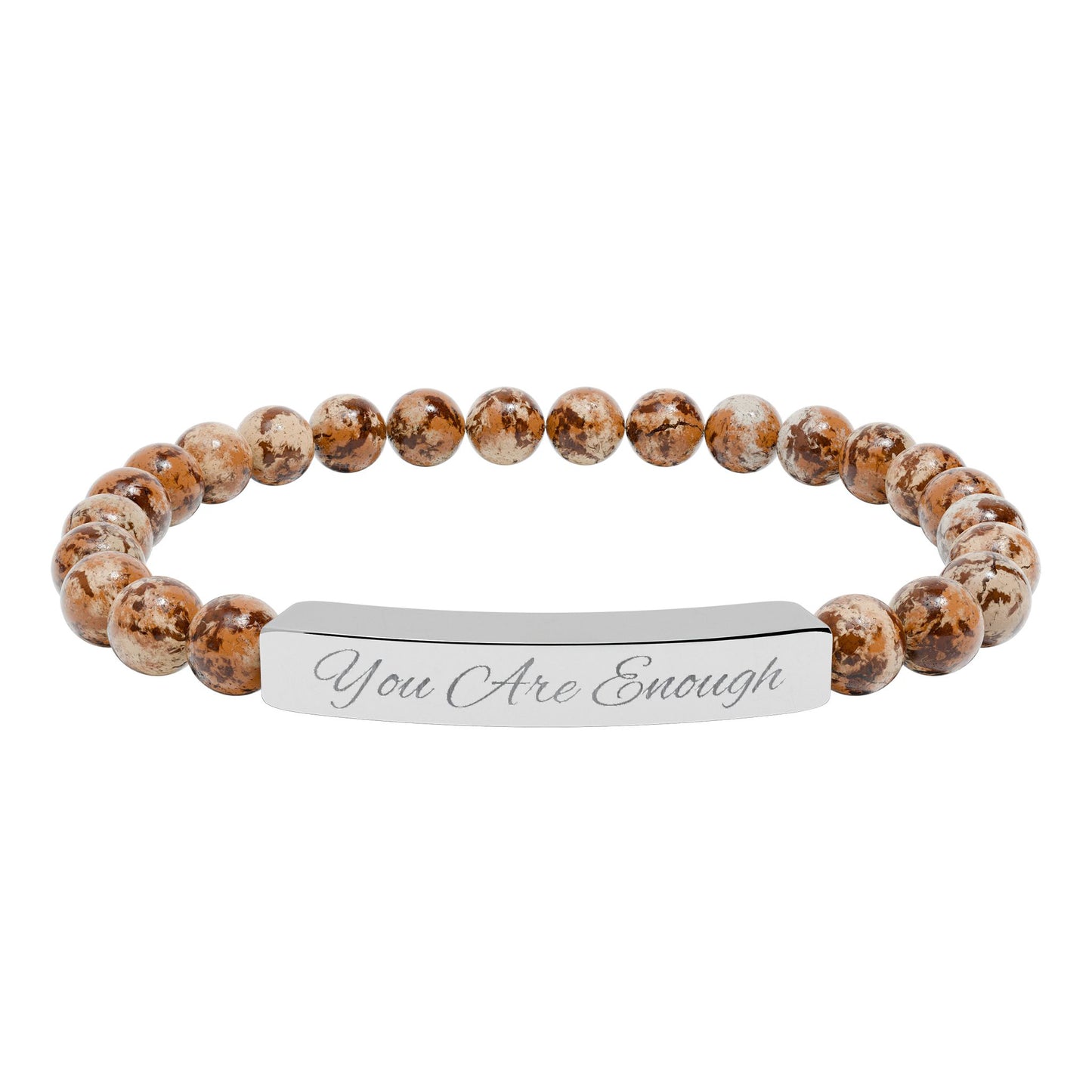 Beaded bracelet with a metal tag displaying text on a white background