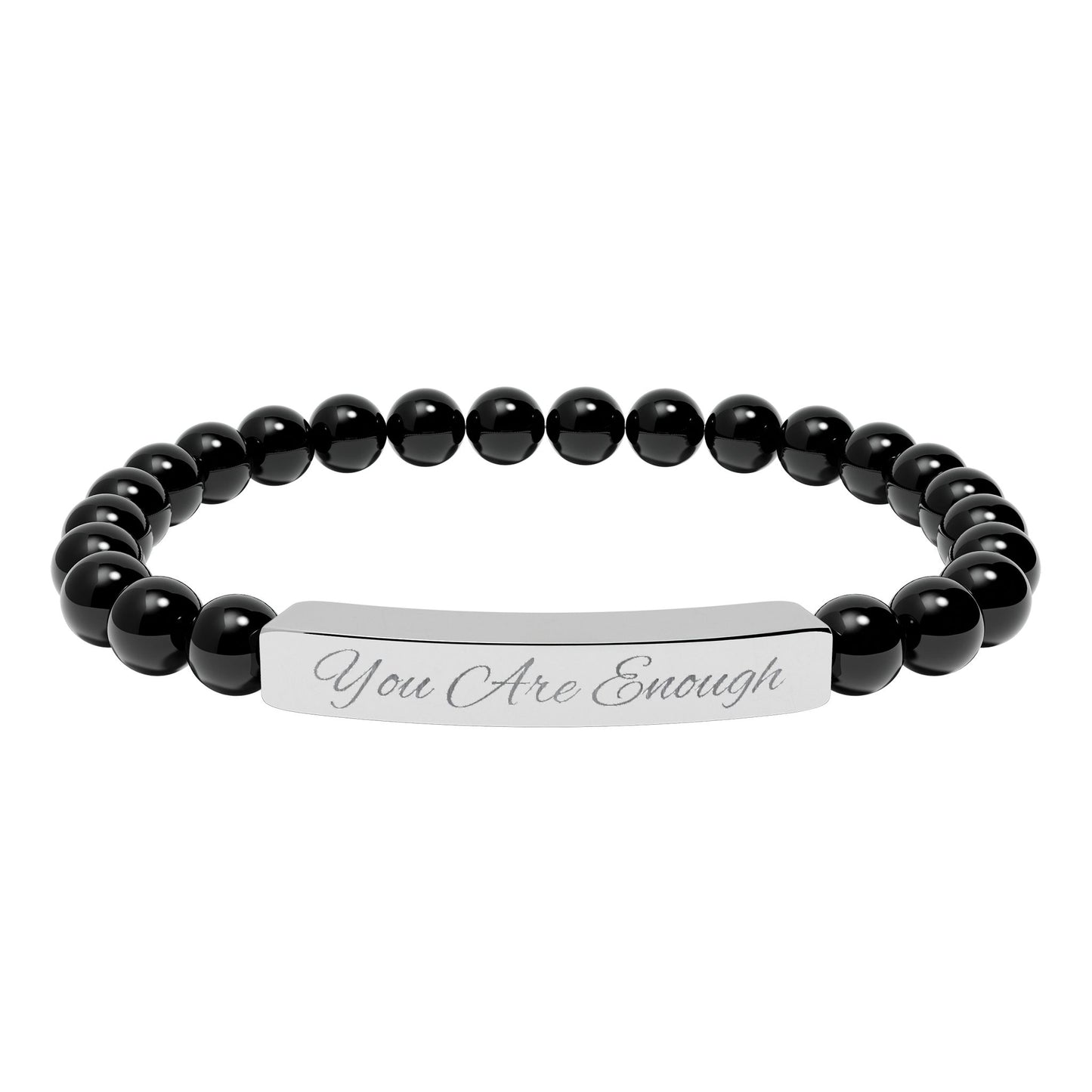 Black beaded bracelet with a silver tag on a white background