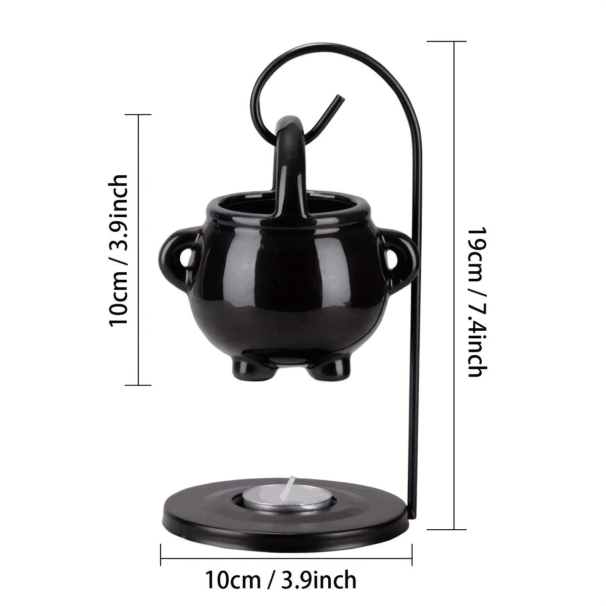 Black ceramic oil burner with dimensions on a white background