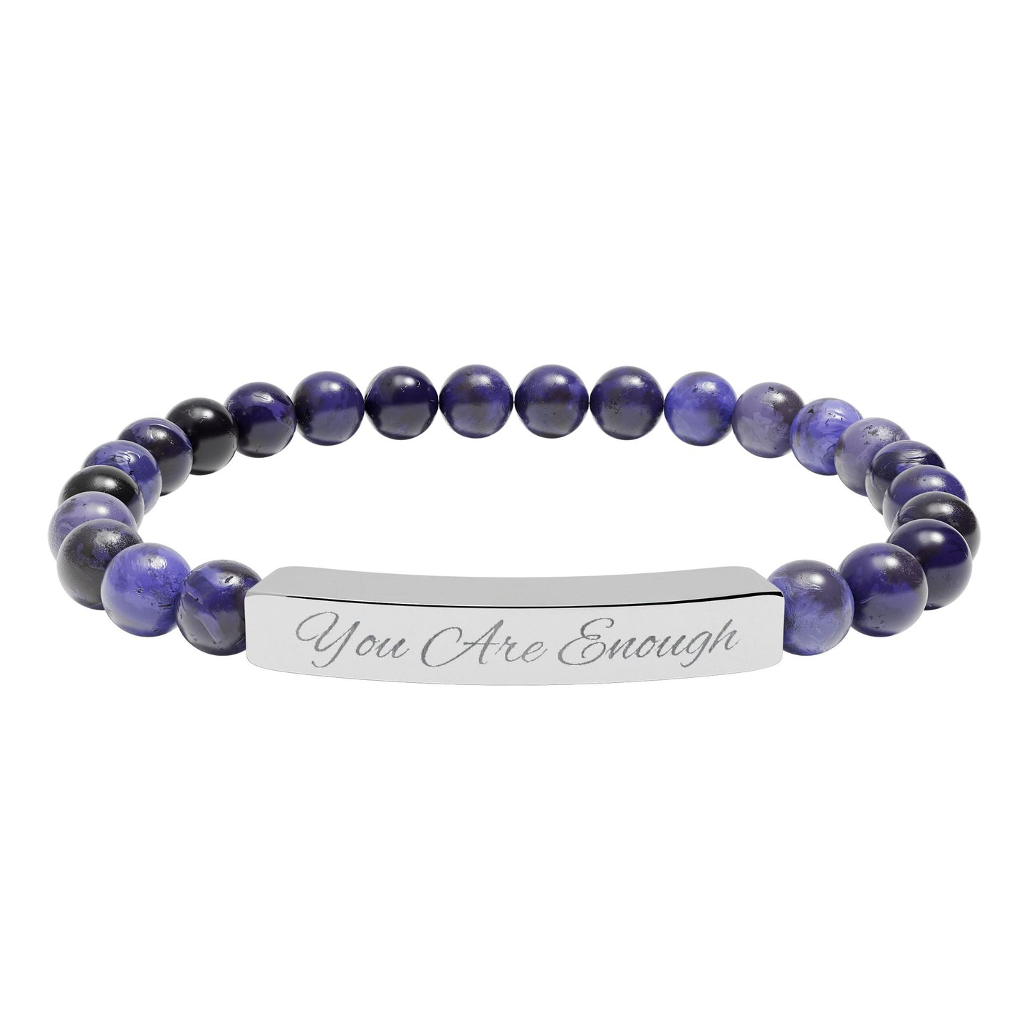 Bracelet with purple beads and a silver tag reading 'You Are Enough' on a white background