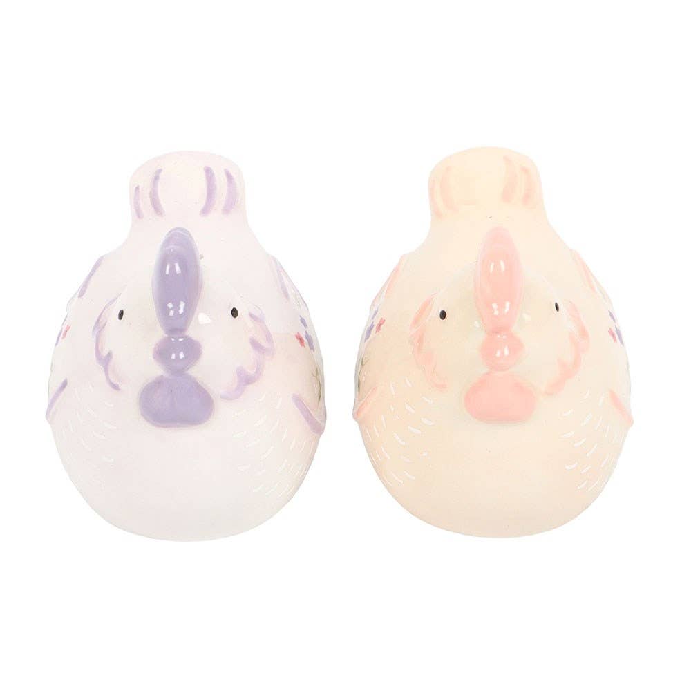 Two ceramic ducks with pastel designs on a white background