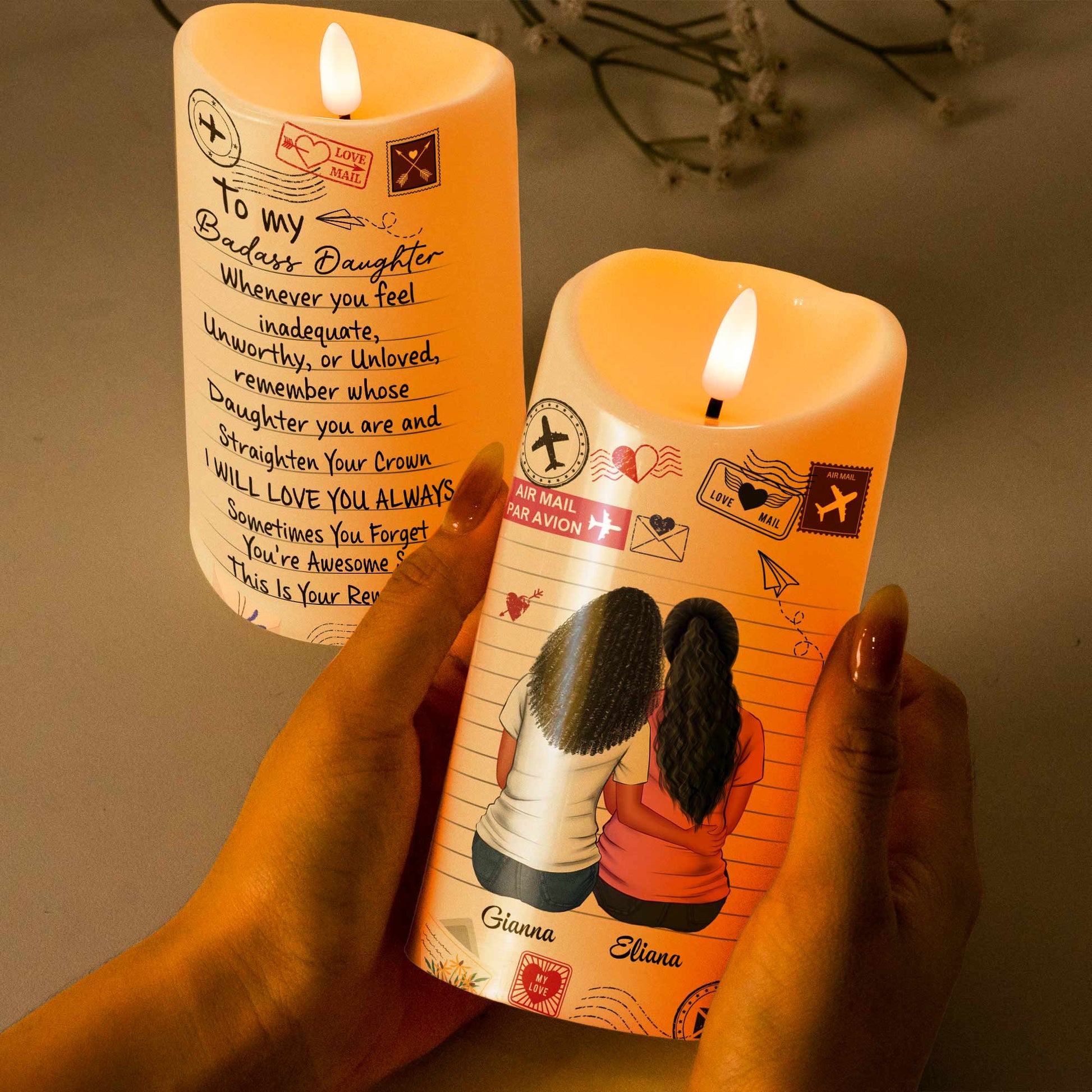 Personalized LED candle with I'll Love You Always message, flameless and safe, ideal gift for daughter