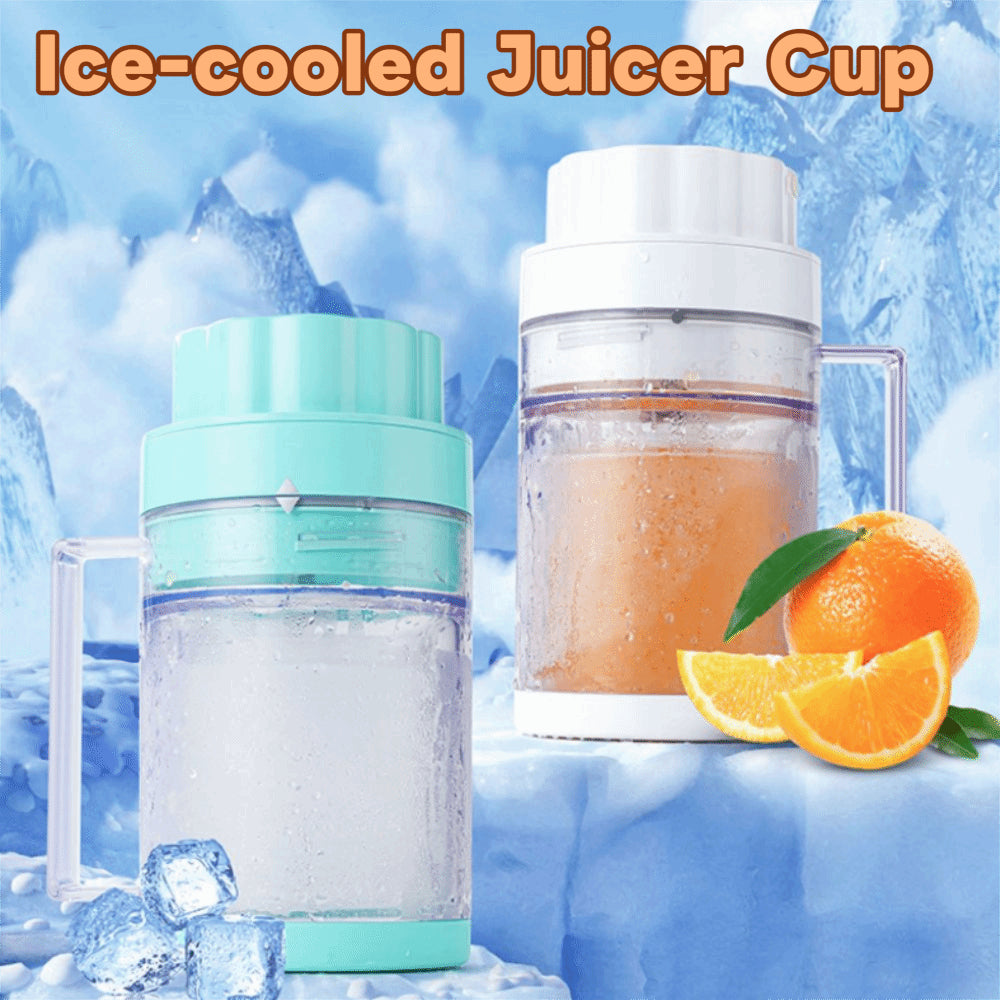 Ice-cooled juicer cup with oranges and ice cubes on a blue background