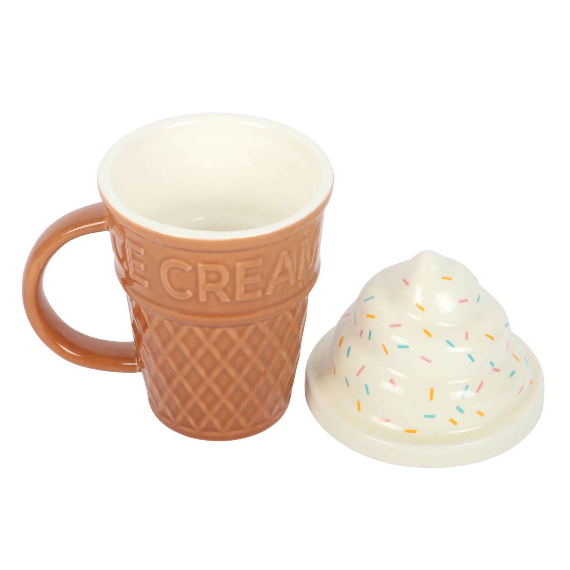 Ice cream cone mug with a matching ice cream scoop on a white background