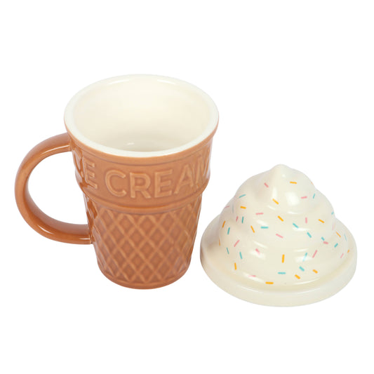 Ice cream cone mug with a matching ice cream scoop on a white background
