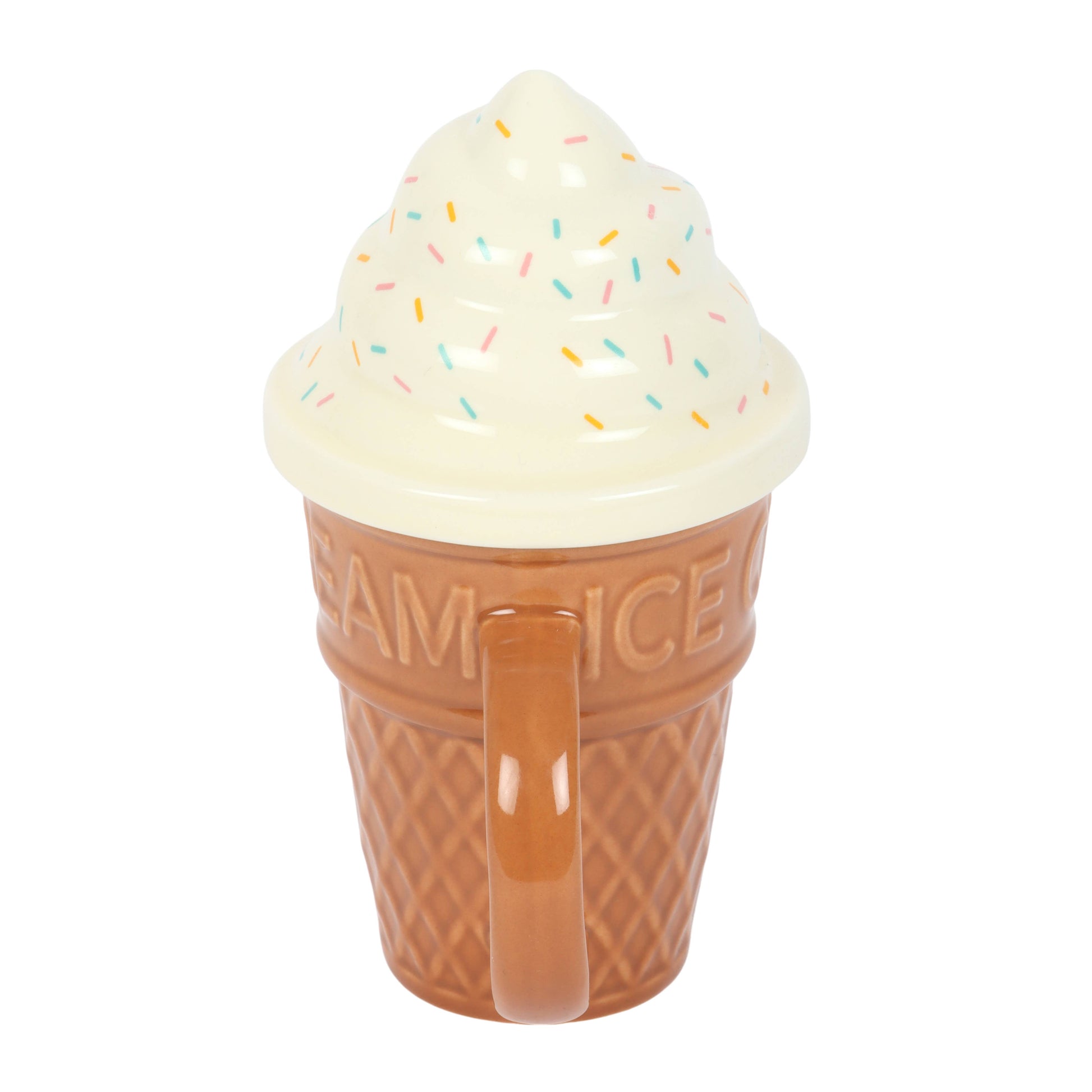 Ice cream cone mug with vanilla ice cream and sprinkles on a white background