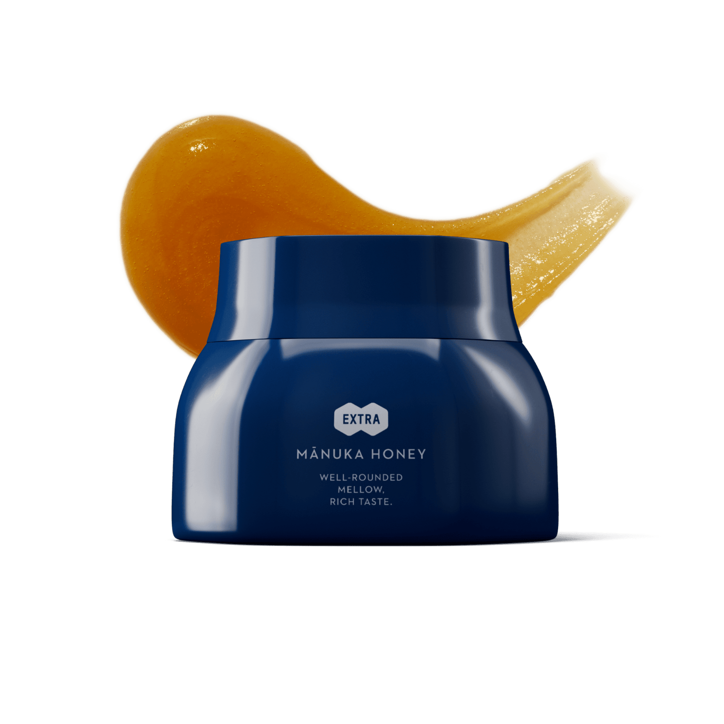 Blue jar of Manuka honey with a spoonful of honey on a green background
