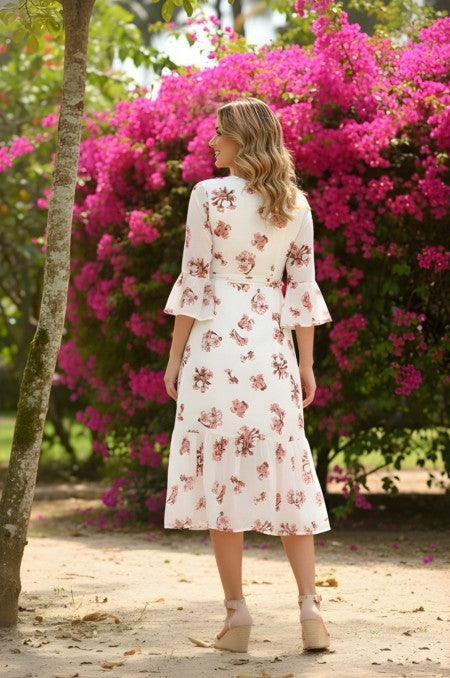 White Georgette Kurti Dress | V-Neck 3/4 Sleeve Printed Casual Dress