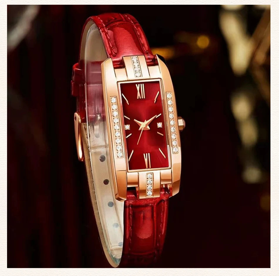 Women's Square Dial Quartz Watch | Leather Strap & Bracelet Set | Green & Red NZ