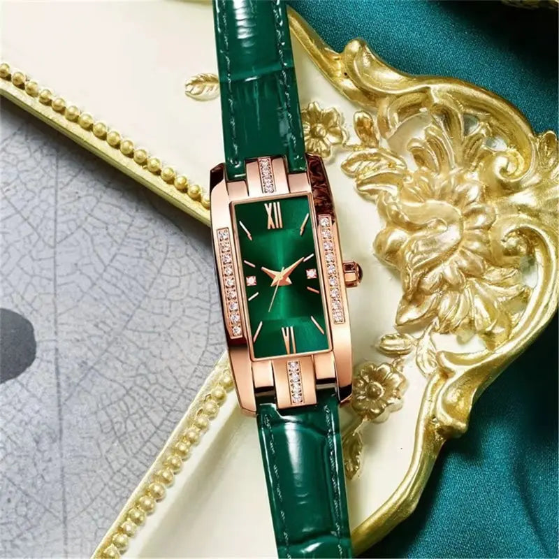 Women's Square Dial Quartz Watch | Leather Strap & Bracelet Set | Green & Red NZ