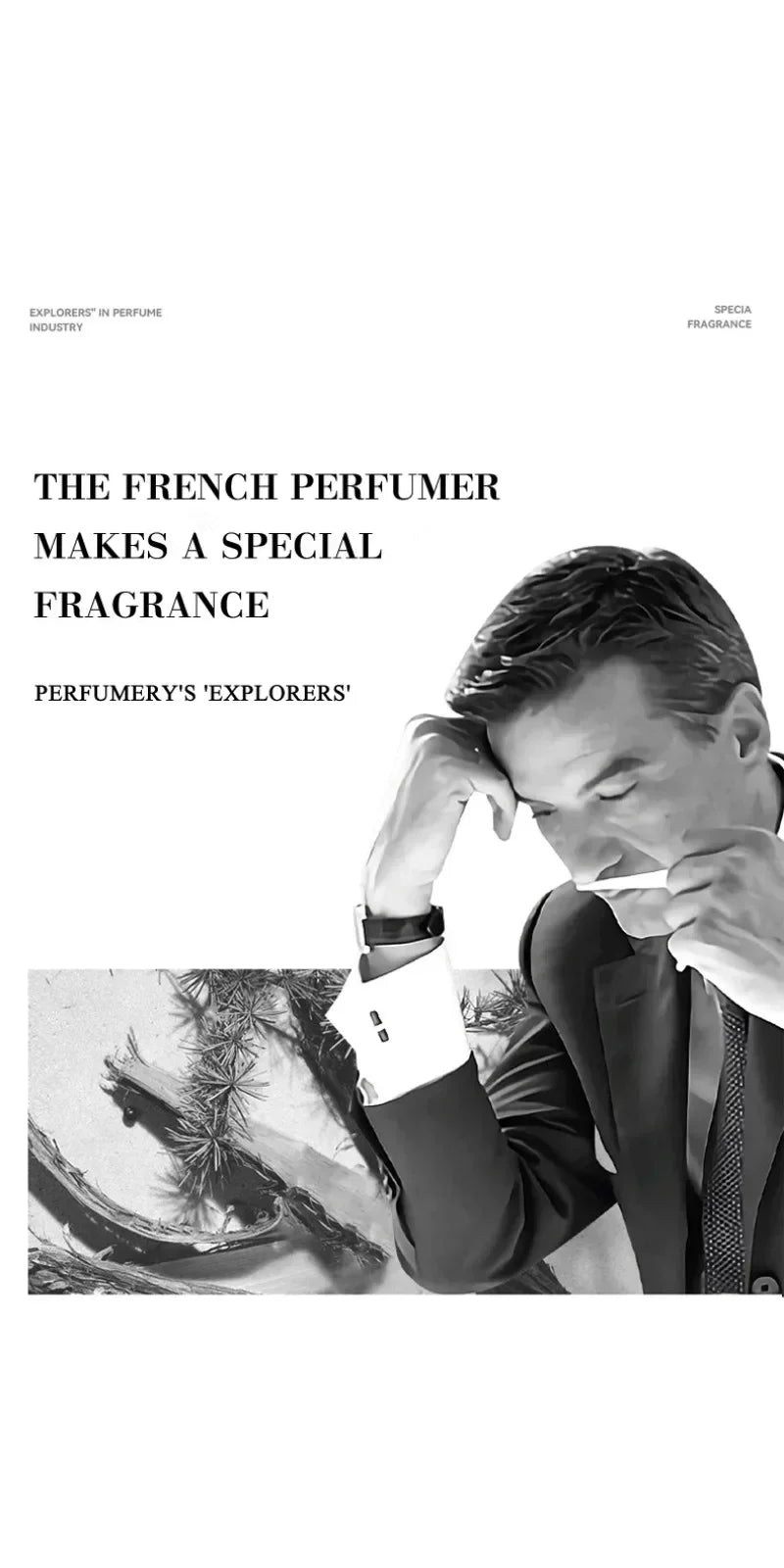 Man in a suit holding a bottle of perfume with text about a special fragrance.