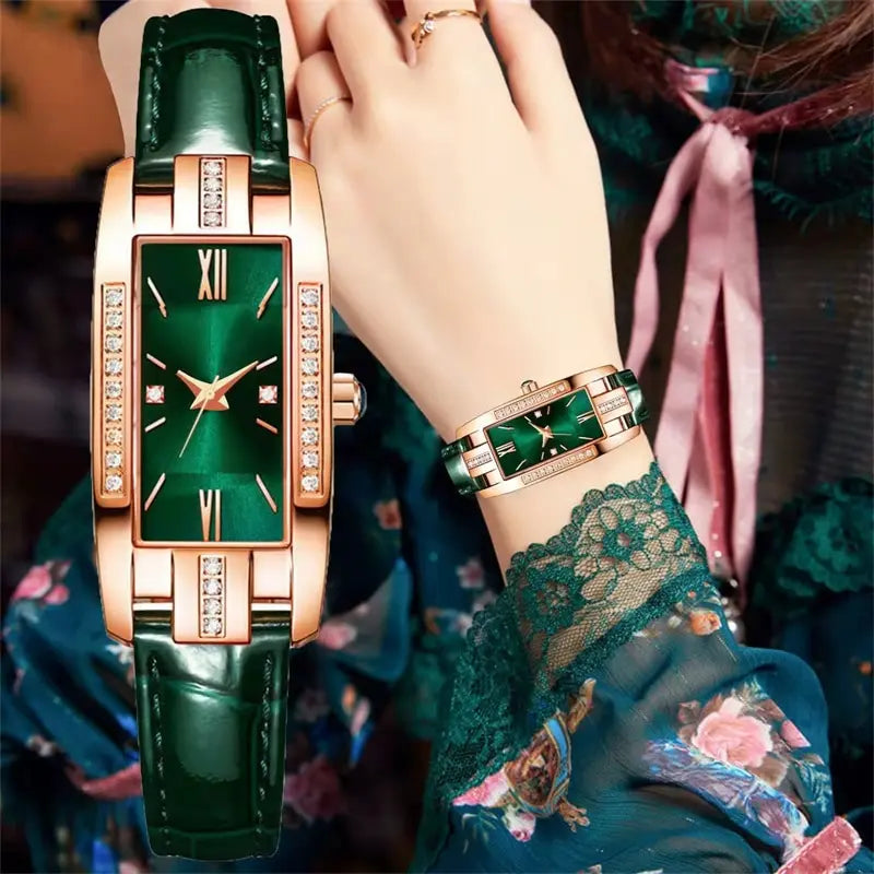 Women's Square Dial Quartz Watch | Leather Strap & Bracelet Set | Green & Red NZ