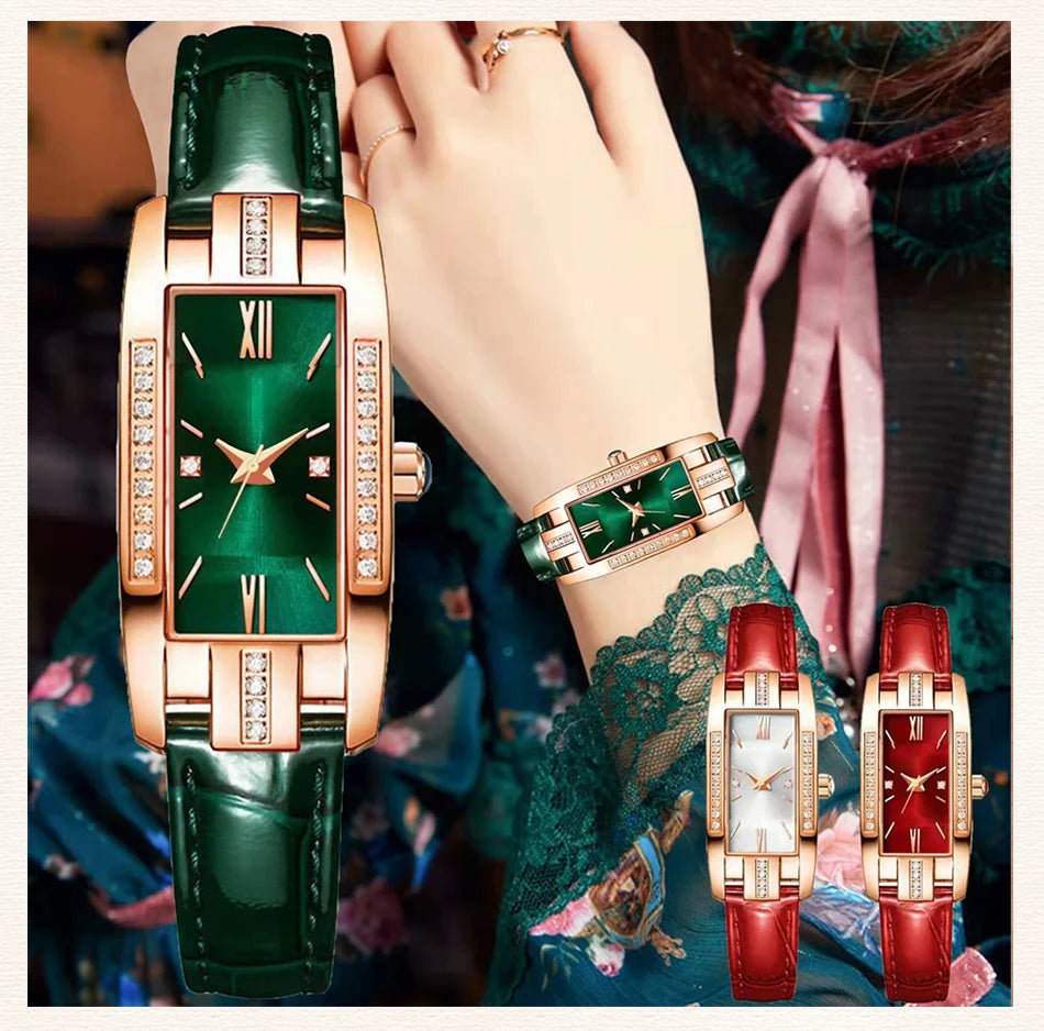 Women's Square Dial Quartz Watch | Leather Strap & Bracelet Set | Green & Red NZ