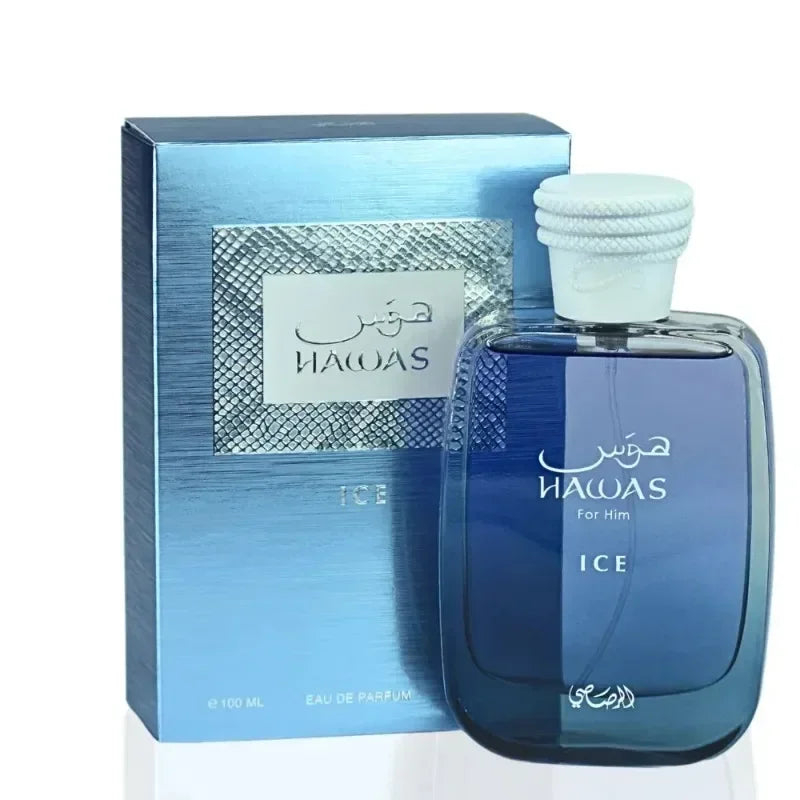 Hawas Ice perfume bottle and packaging on a white background