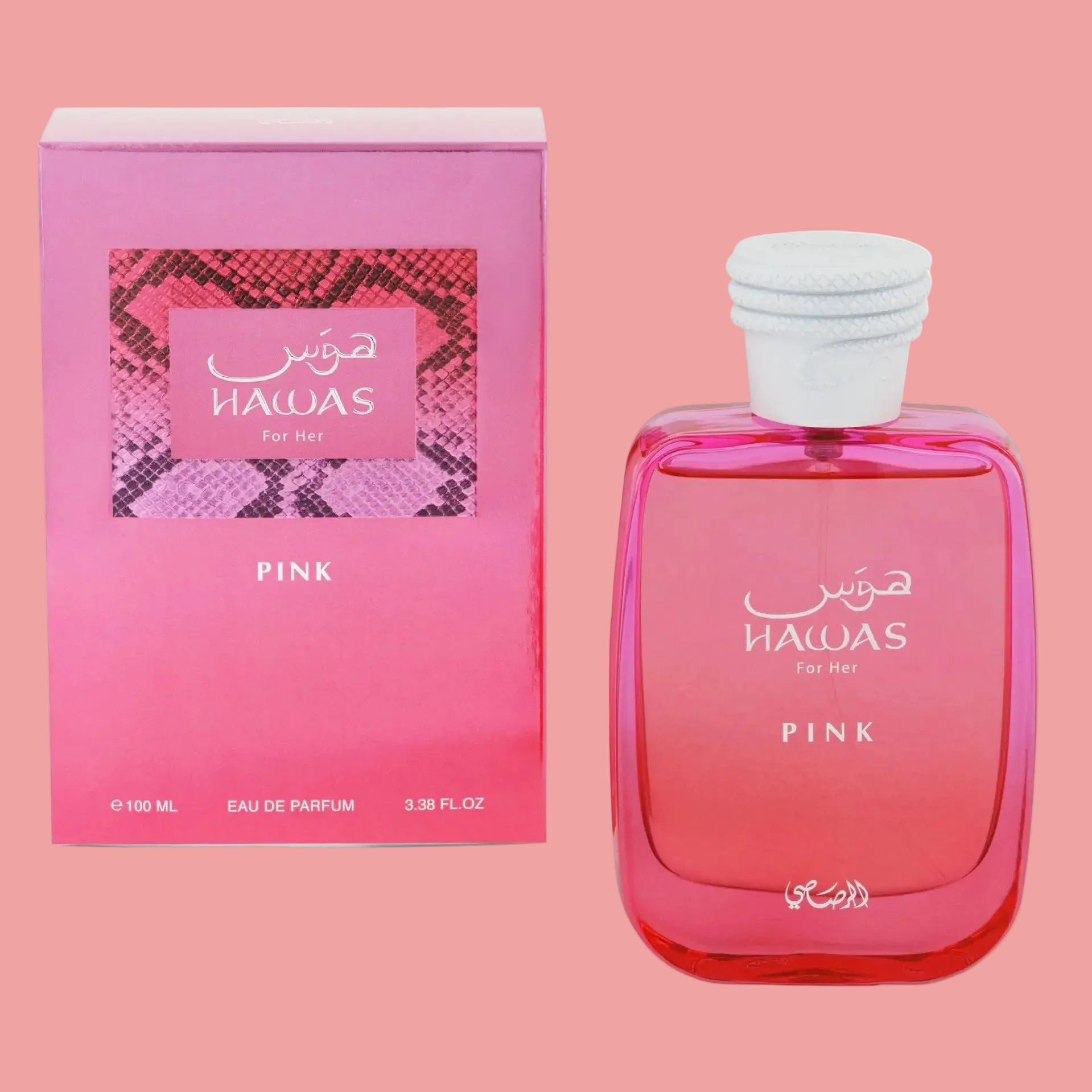 Pink HAWAS perfume bottle and packaging on a white background