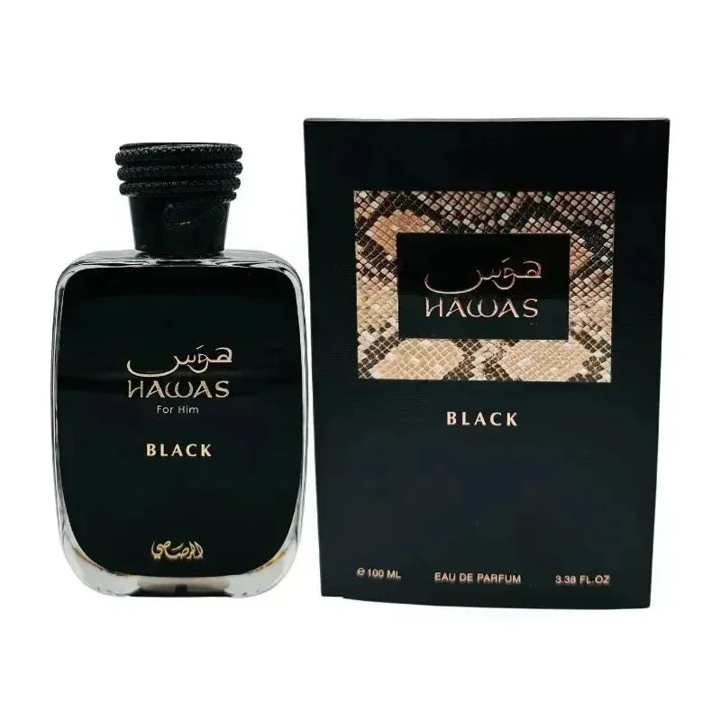 Hawas Black perfume bottle and packaging on a white background