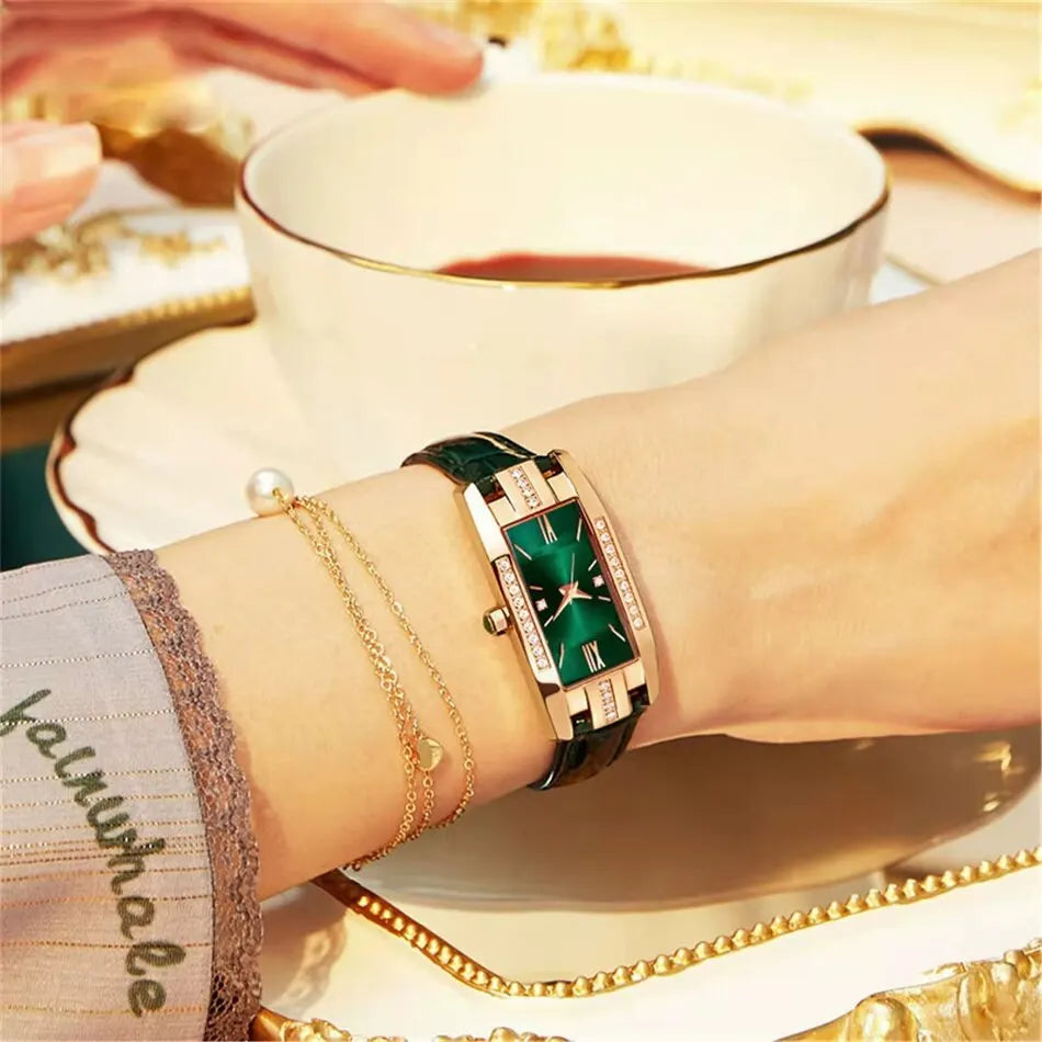 Women's Square Dial Quartz Watch | Leather Strap & Bracelet Set | Green & Red NZ