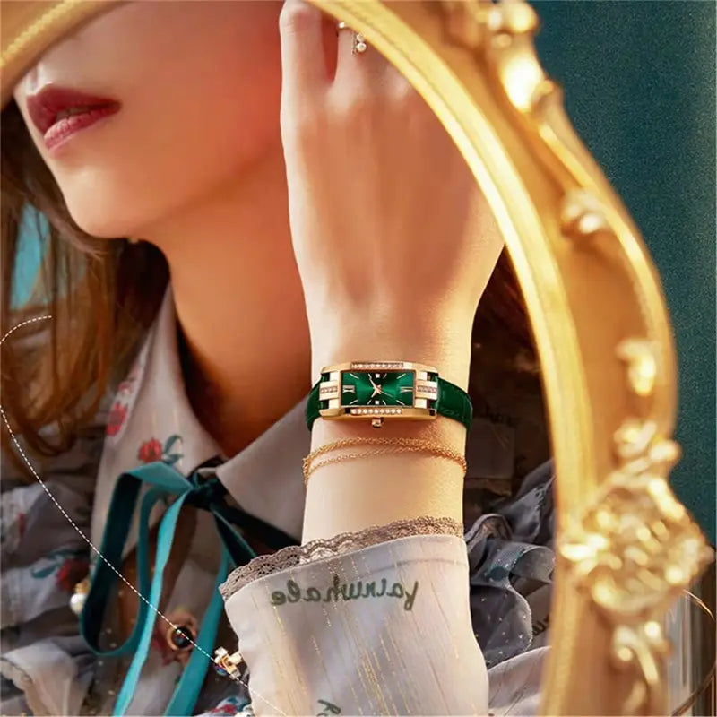 Women's Square Dial Quartz Watch | Leather Strap & Bracelet Set | Green & Red NZ