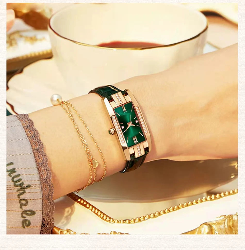 Women's Square Dial Quartz Watch | Leather Strap & Bracelet Set | Green & Red NZ