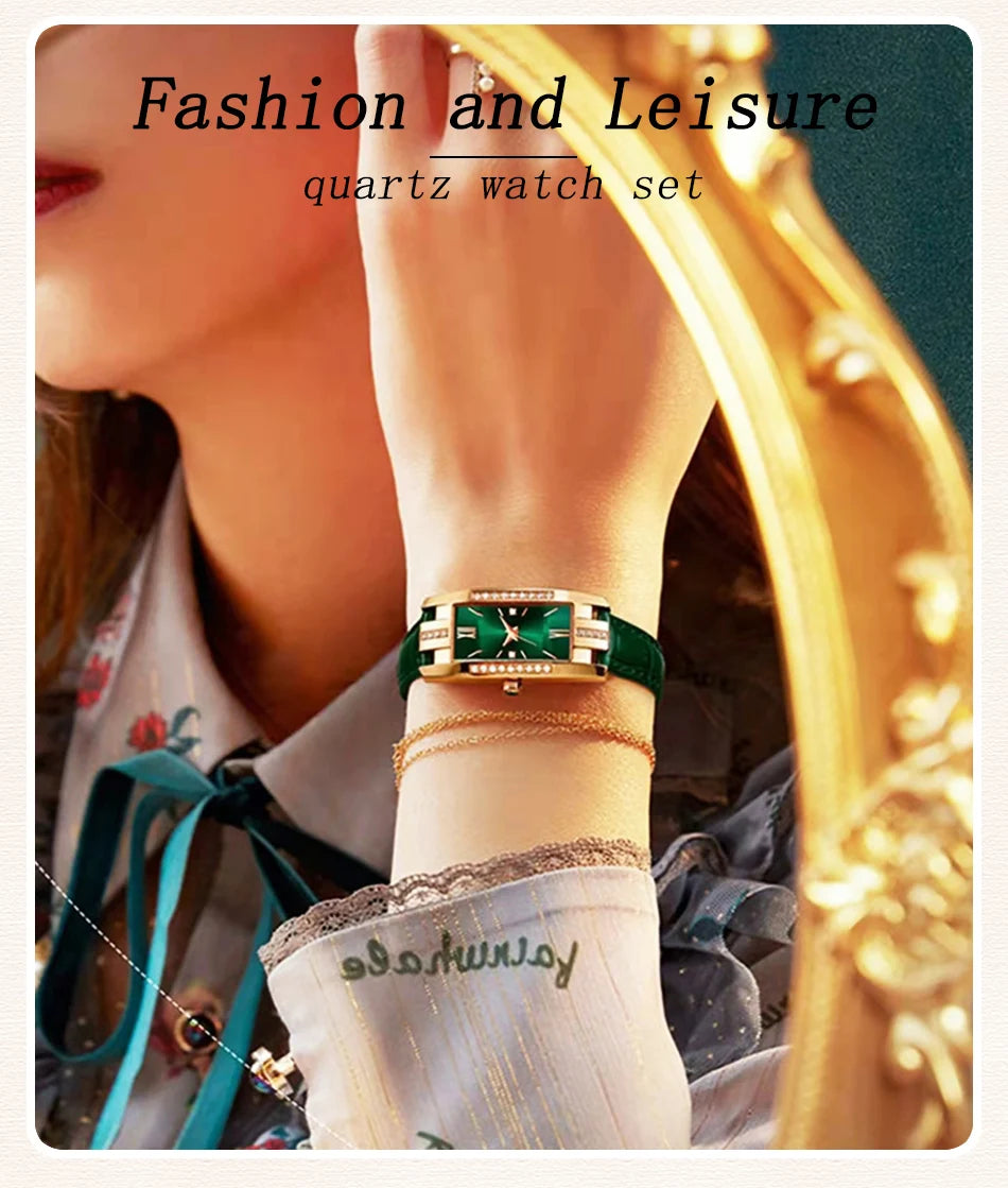 Women's Square Dial Quartz Watch | Leather Strap & Bracelet Set | Green & Red NZ
