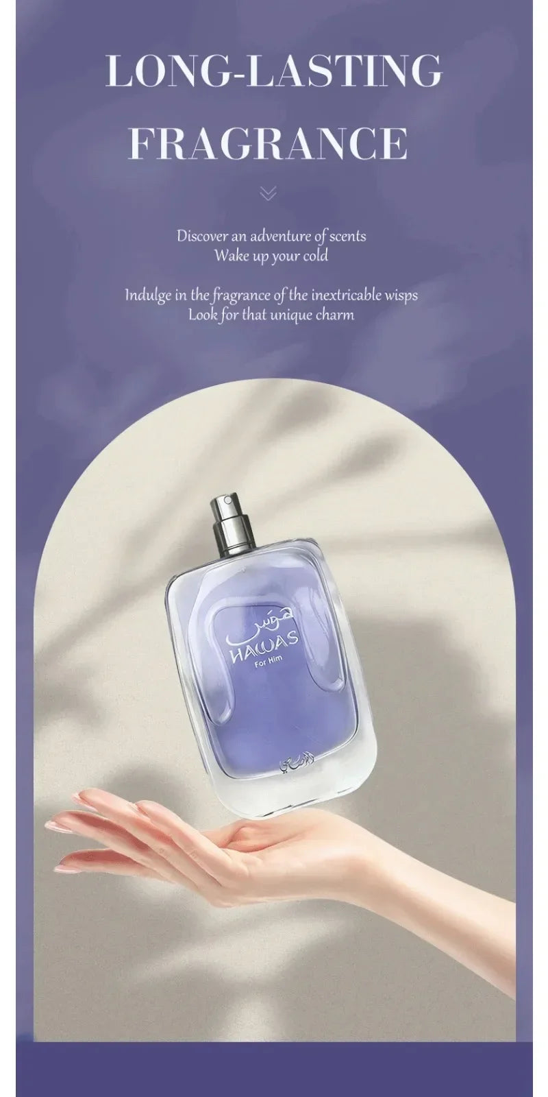 Perfume bottle with a hand holding it, against a purple background with text about long-lasting fragrance.