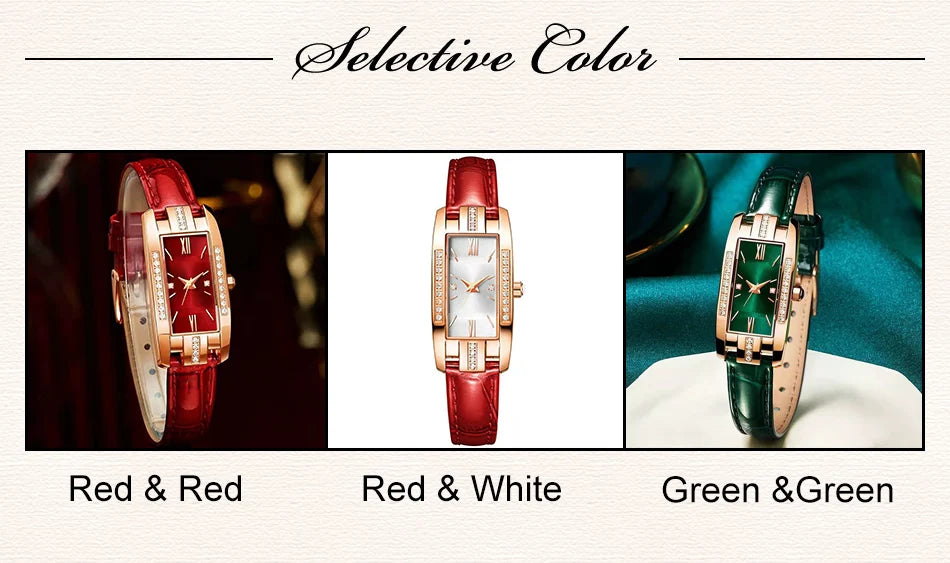 Women's Square Dial Quartz Watch | Leather Strap & Bracelet Set | Green & Red NZ