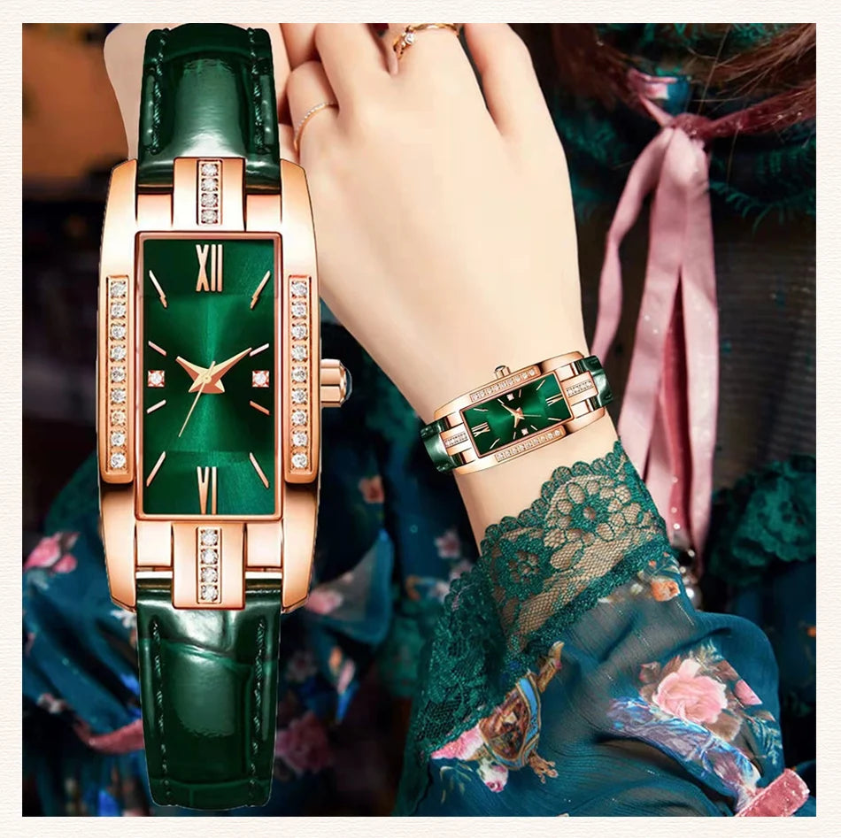 Women's Square Dial Quartz Watch | Leather Strap & Bracelet Set | Green & Red NZ