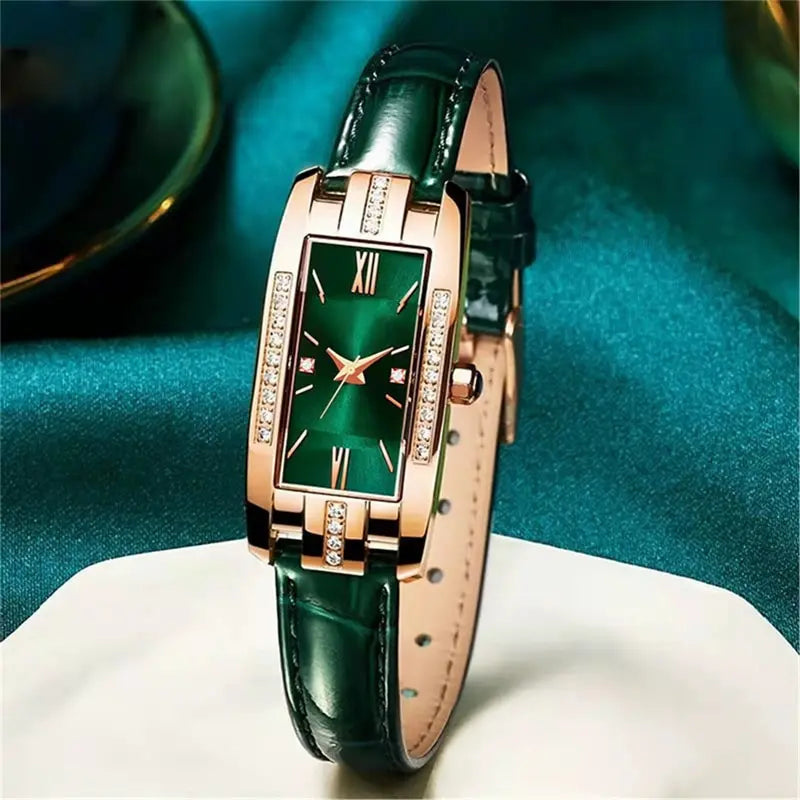 Women's Square Dial Quartz Watch | Leather Strap & Bracelet Set | Green & Red NZ
